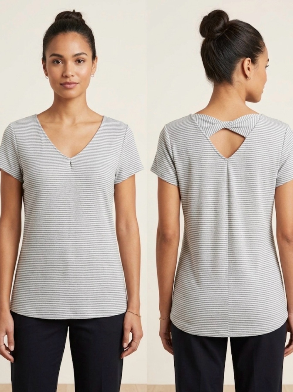 Rachel Zoe Gray & White Striped V-Neck Tee with Twist-Back - Sz Large